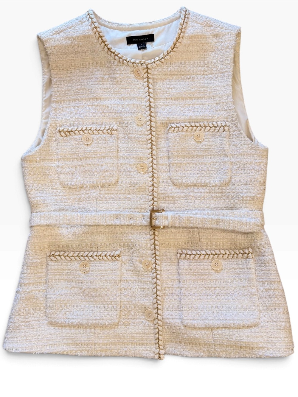 Ann Taylor White Tweed Belted Vest Gold Trim Braided Detail Size M